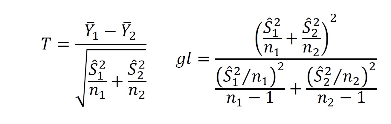 Formula estadístico T para la media de dos muestras asumiendo varianzas diferentes.